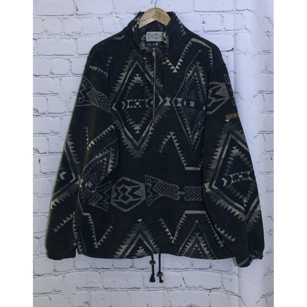 SDI Vintage Sweater Men's X-Large Fleece Alaska 1/4 Zip Grey Tribal Pullover